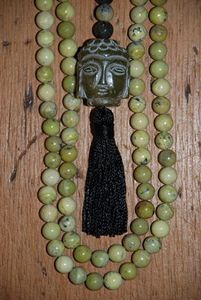 Yellow Turquoise and Tibetan Carved Jade Mala