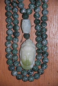 Green Spot Tree Agate and Jade Mala