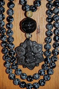 Black Snowflake Obsidian and Iron Meteorite Mala